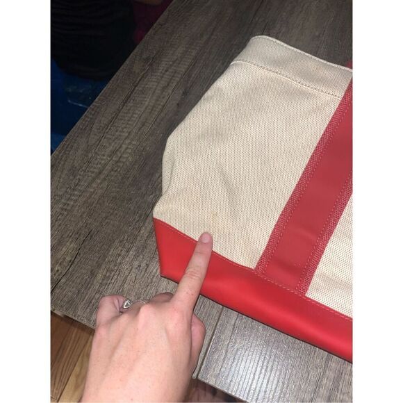 Tory Burch Small Canvas Beach Tote Red and Beige - Picture 3 of 4